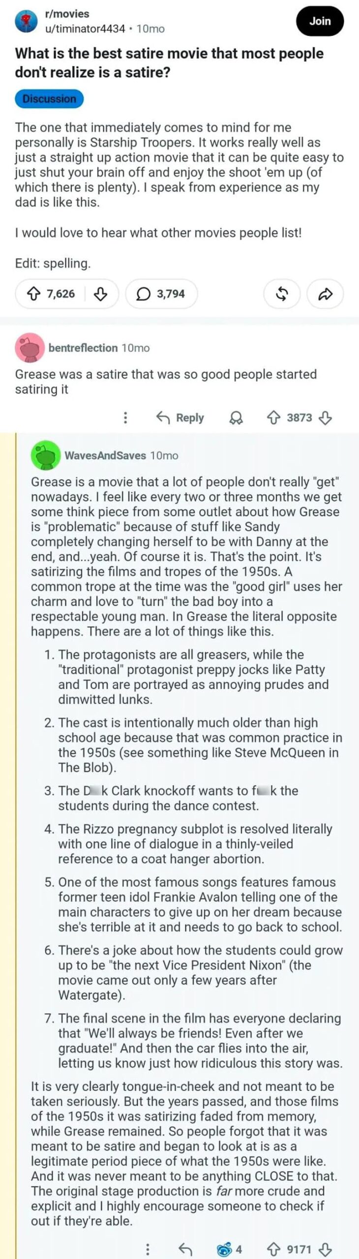 A screenshot of a Reddit comment discussing the movie 'The Last' and its plot.
