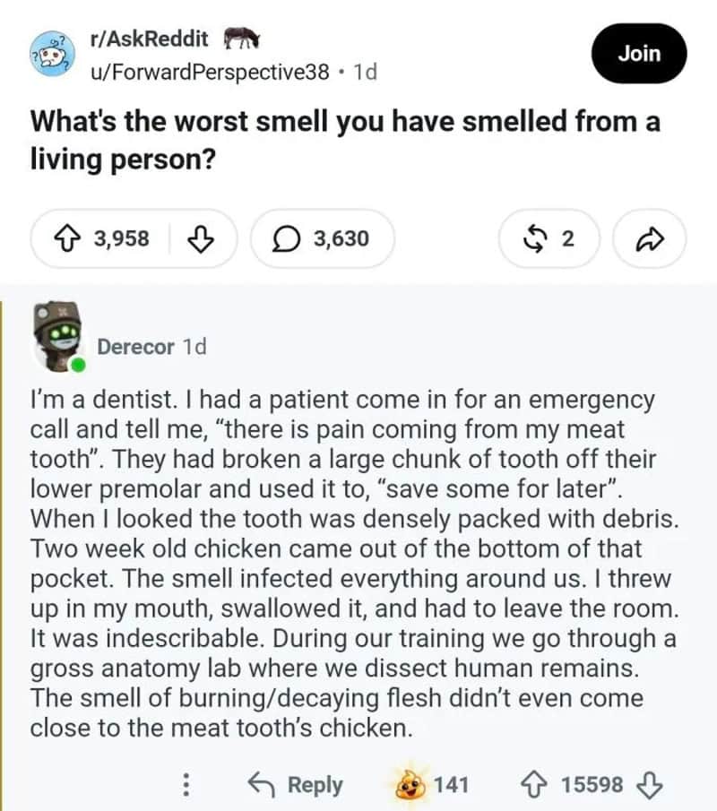 A Reddit post asking about the worst smell from a living person, with a detailed story about a bad-­.