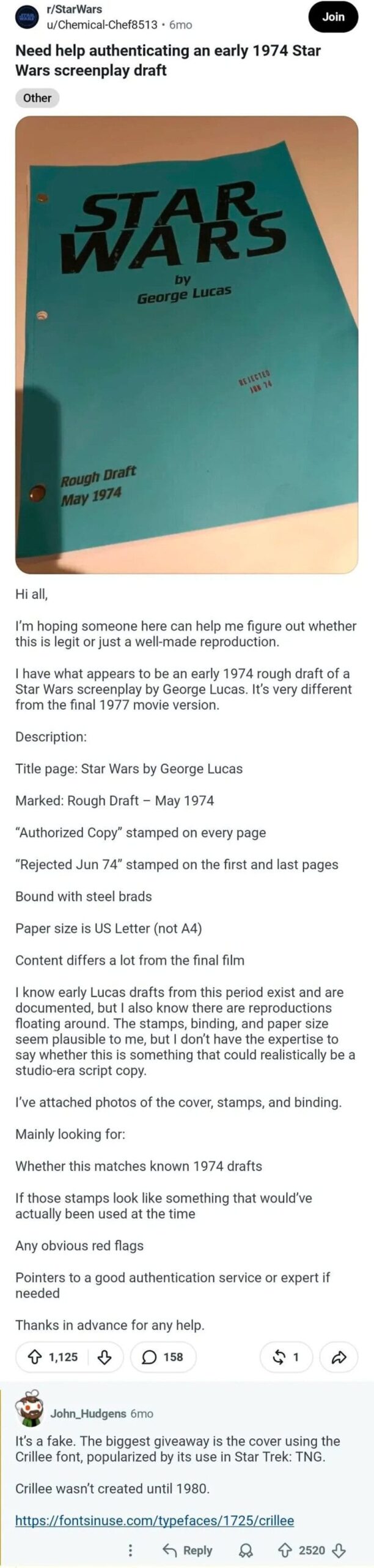 Star Wars screenplay draft from 1974 with handwritten notes and revisions.