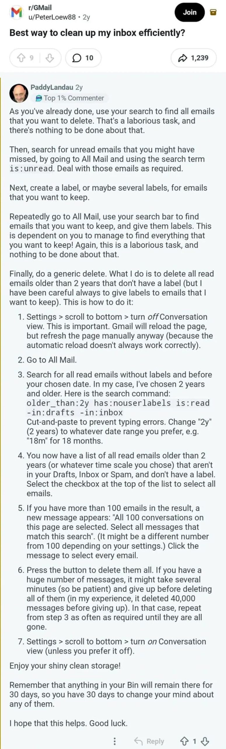 Screenshot of a Reddit comment about cleaning up inbox efficiently.