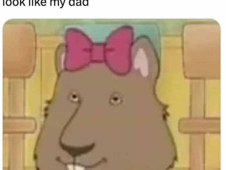 Cartoon hamster with pink bow and pink dress, smiling.