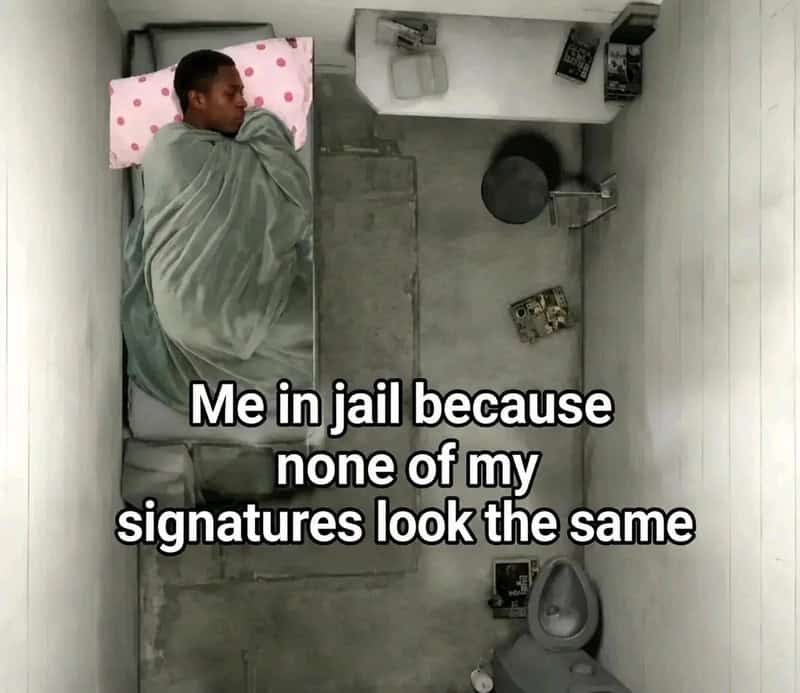 Person sleeping in jail cell with caption about signatures.