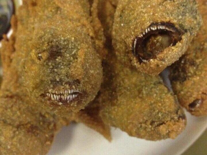 Fried fish with eyes and mouth visible, on a white plate.