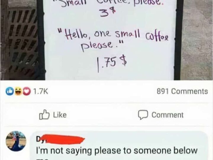 Handwritten sign with coffee prices and humorous comments.