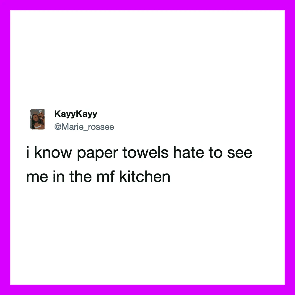 Tweet by KayyKayy about paper towels and kitchen visibility.