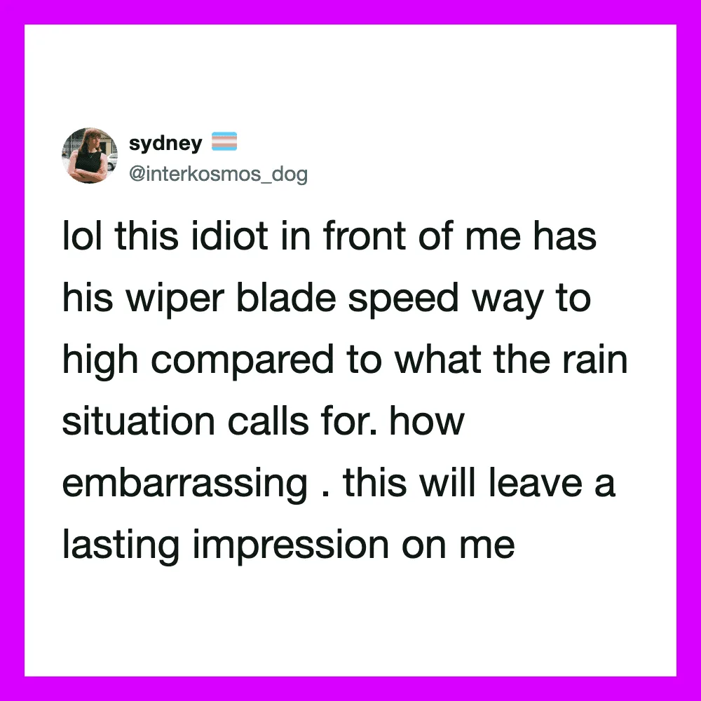 Twitter post by user @interkosmos_dog about a car wiper blade in the rain.