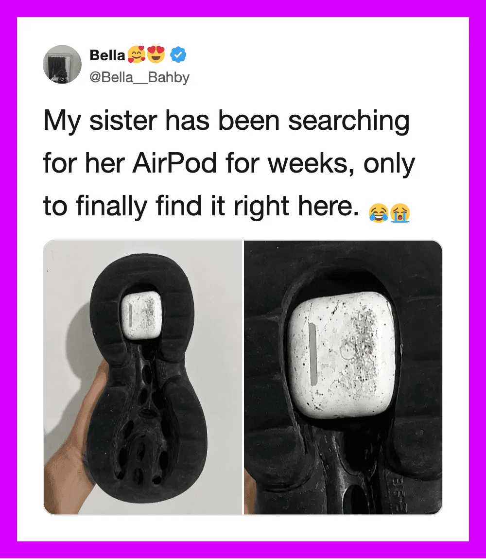 Photo of a black AirPod case with dirt and grime, and a clean white AirPod inside.