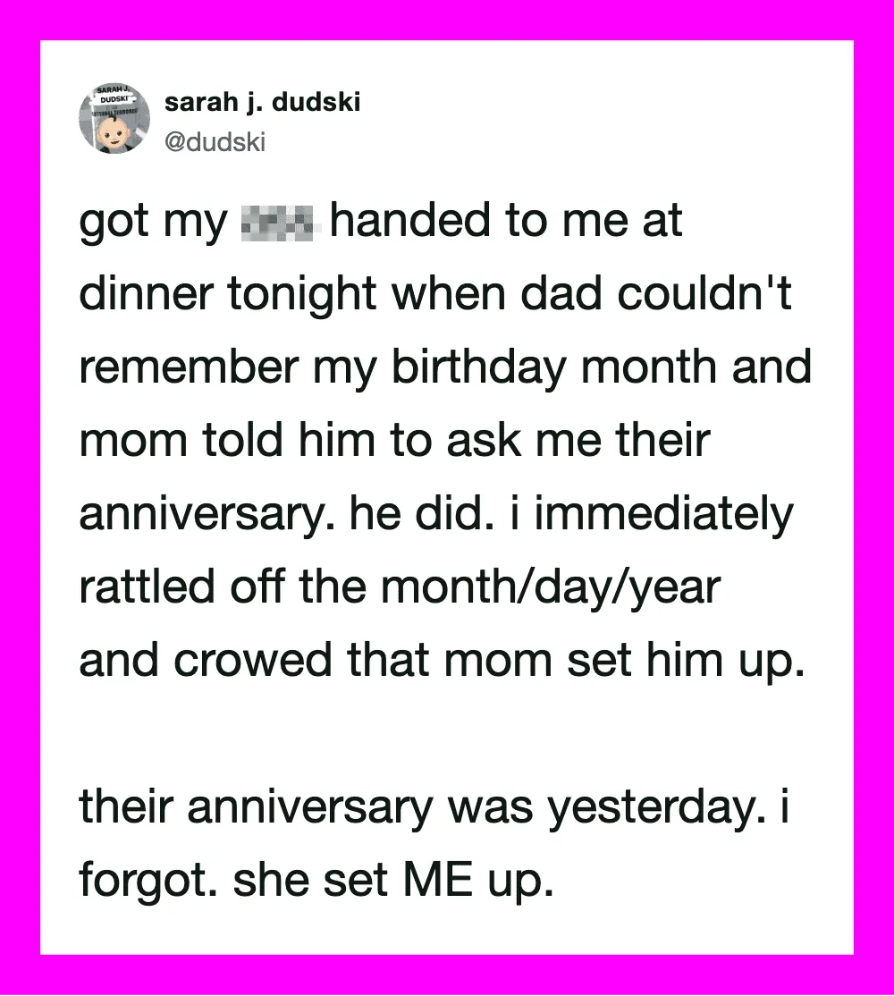 Twitter post about a birthday and anniversary mix-up with a pink border.