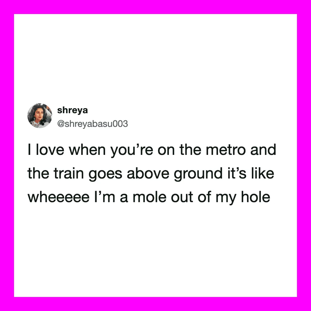 Tweet about loving the metro and train going above ground, feeling like a mole.
