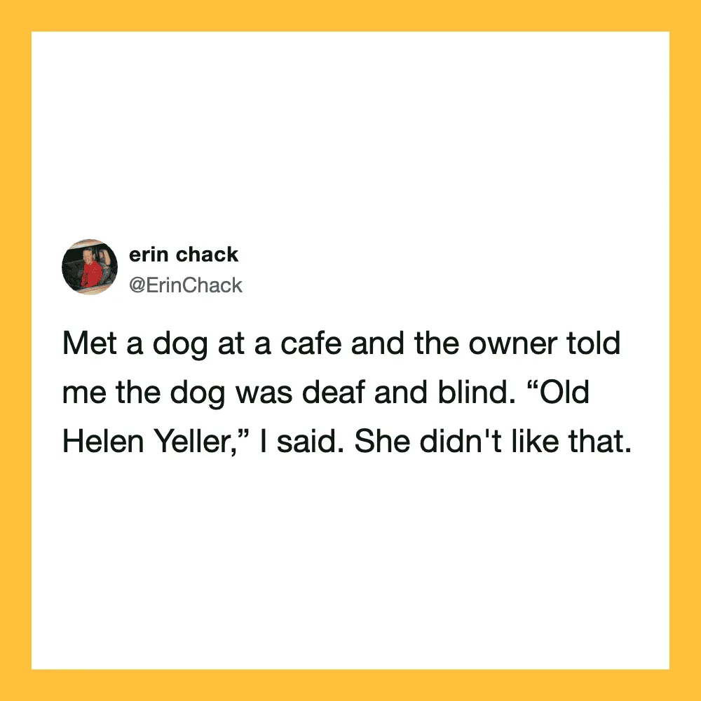 Tweet about meeting a deaf and blind dog named Old Helen Yeller.
