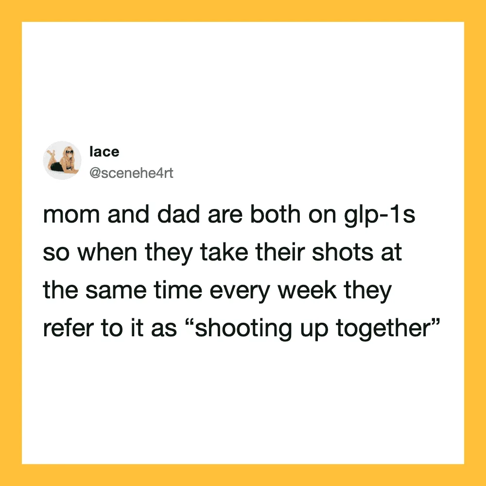 Mom and dad on GLP-1 shots, called 'shooting up together' in a tweet.