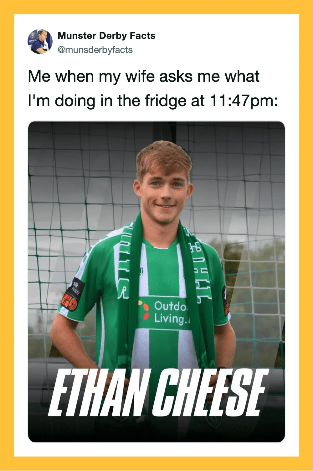 Ethan Cheese in a green soccer jersey with a scarf, smiling in front of a goal.