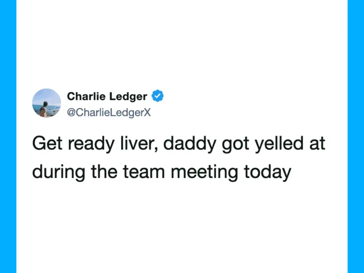 Charlie Ledger's tweet about getting yelled at during a team meeting.