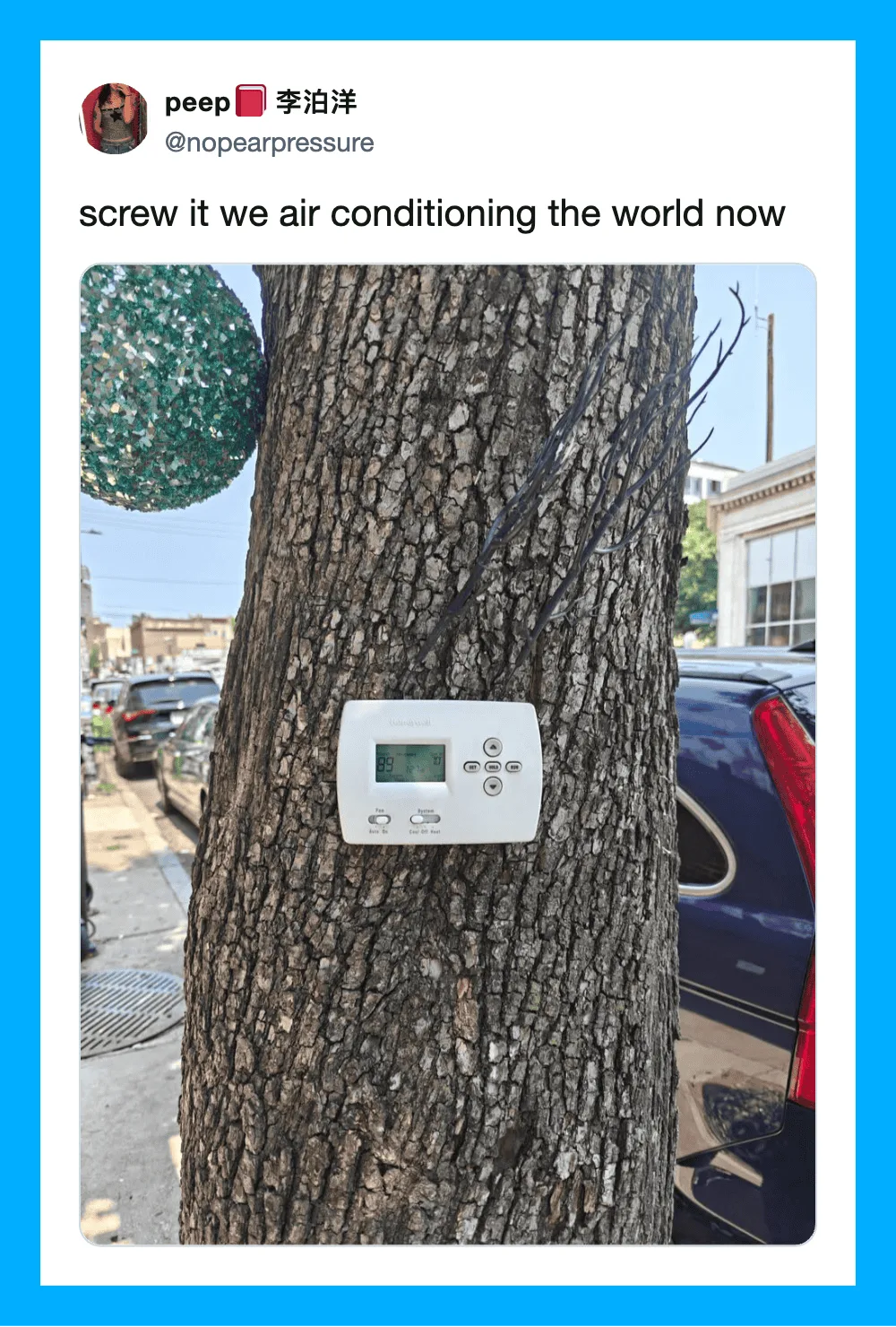 Thermostat attached to a tree with a humorous caption about air conditioning.