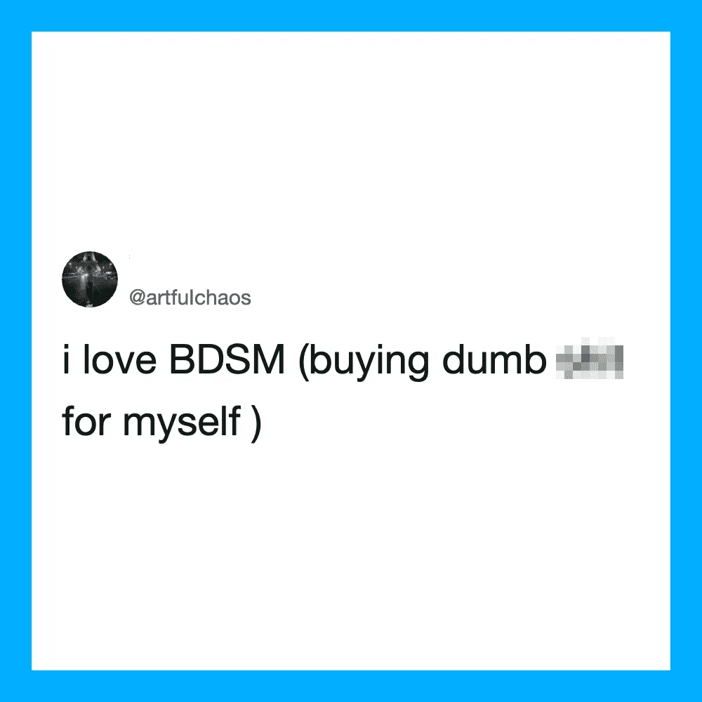 Twitter post about loving BDSM and buying a dumb item for oneself.