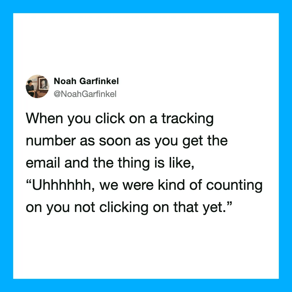 Twitter post by Noah Garfinkel about tracking numbers and email notifications.