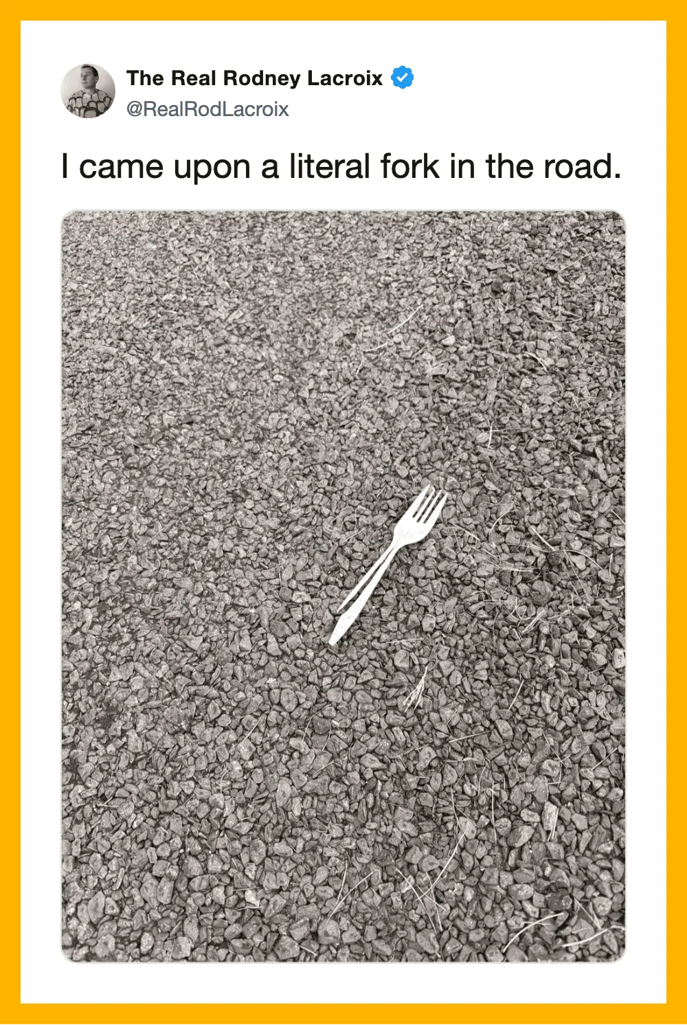 A fork on the road with a humorous caption about a literal fork in the road.