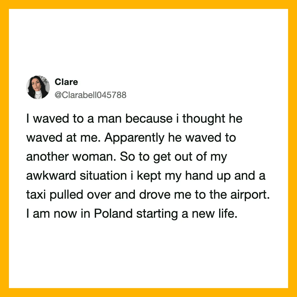A tweet by Clare about a humorous airport encounter in Poland.
