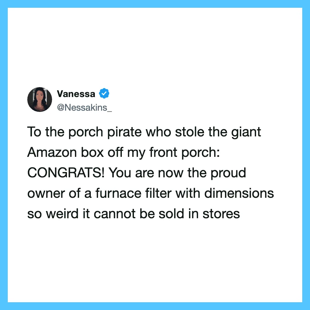 Vanessa's tweet about porch pirate and furnace filter ownership.