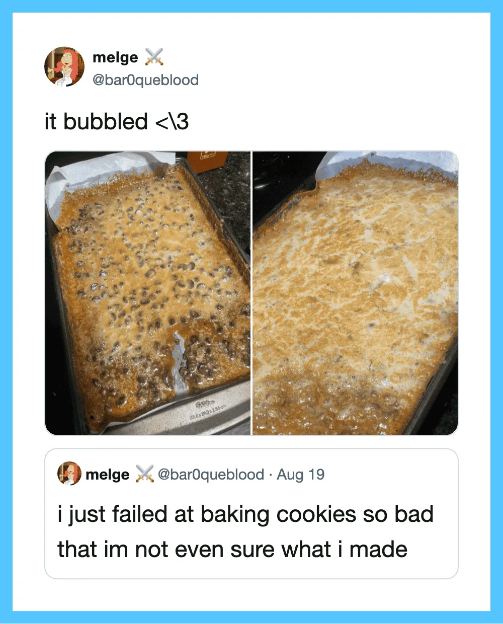 Two photos of a baking tray with burnt and unbaked cookie dough, posted in a tweet.