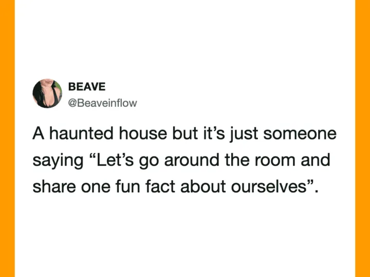 A tweet from BEAVE about a haunted house and sharing fun facts.