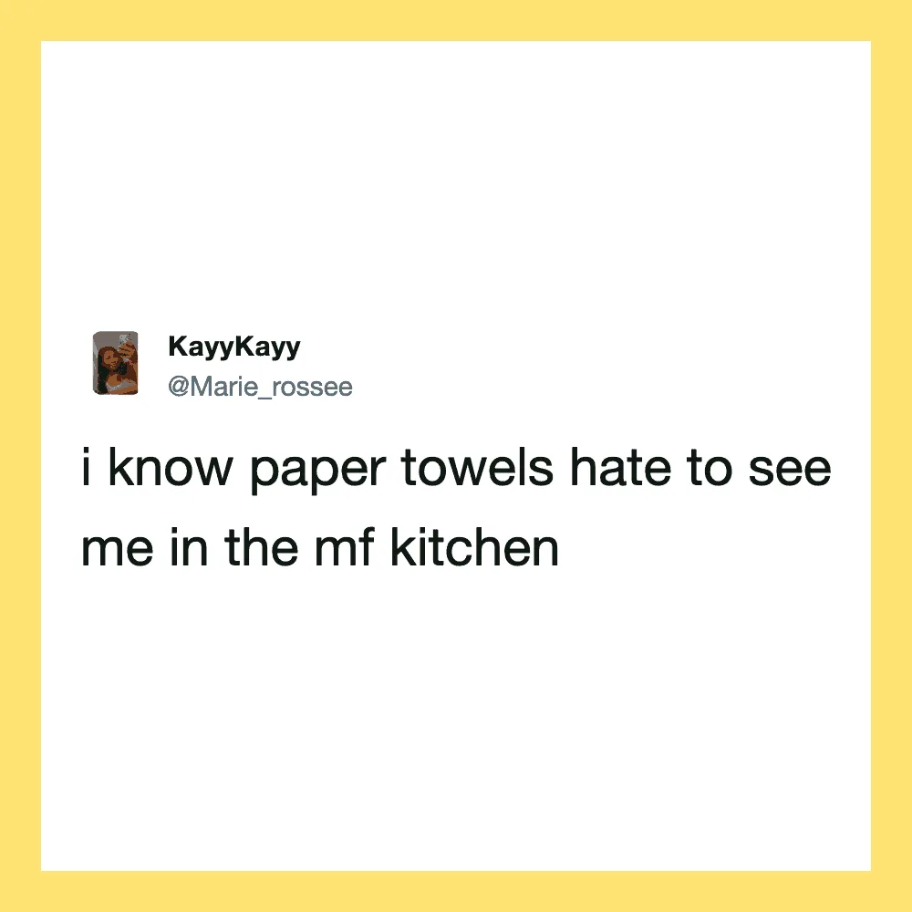 Tweet by KayyKayy about paper towels hating to see her in the kitchen.