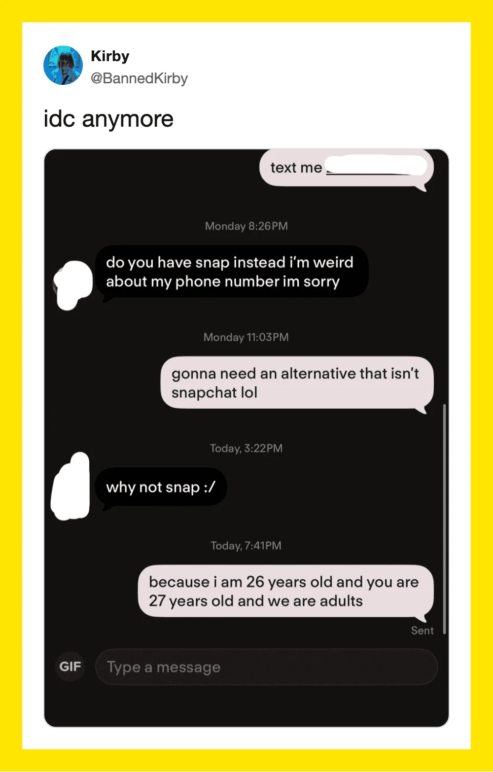 Screenshot of a text conversation about replacing Snapchat with a different app.
