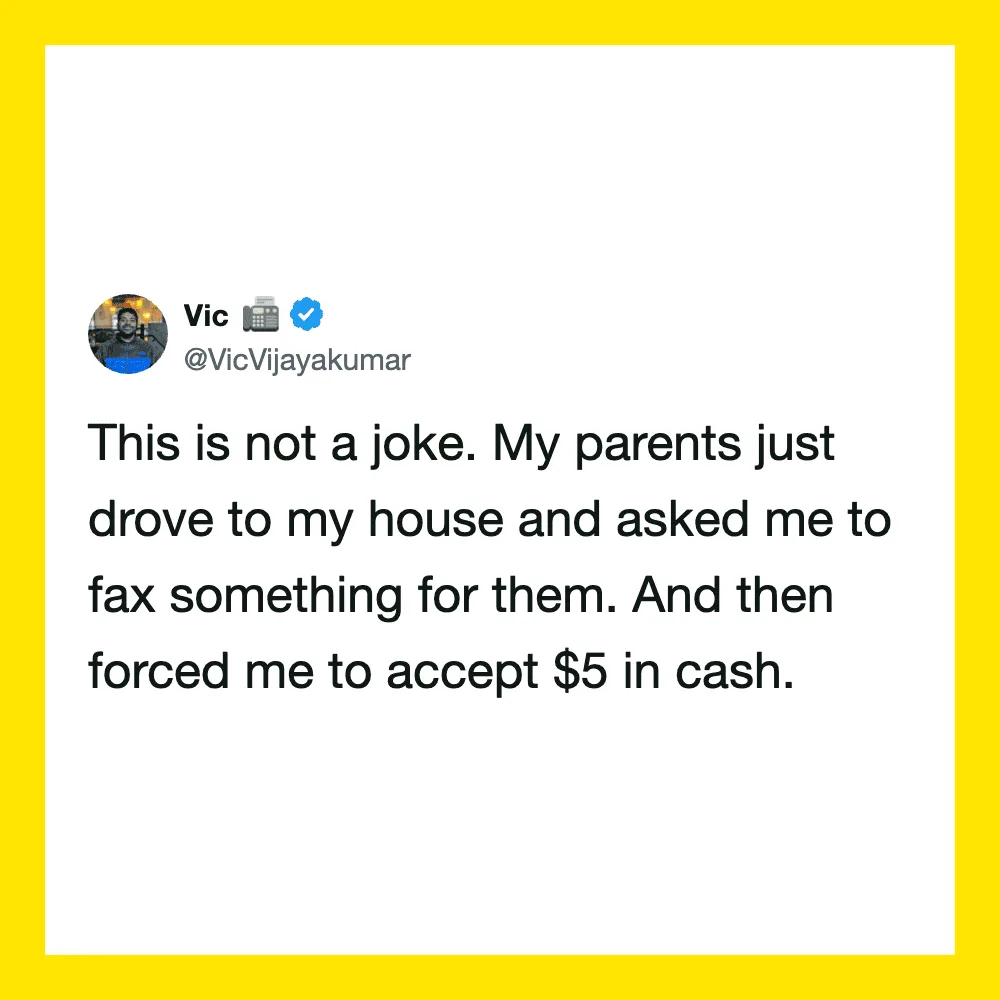 Twitter post by Vic about parents asking for a fax and giving $5 cash.