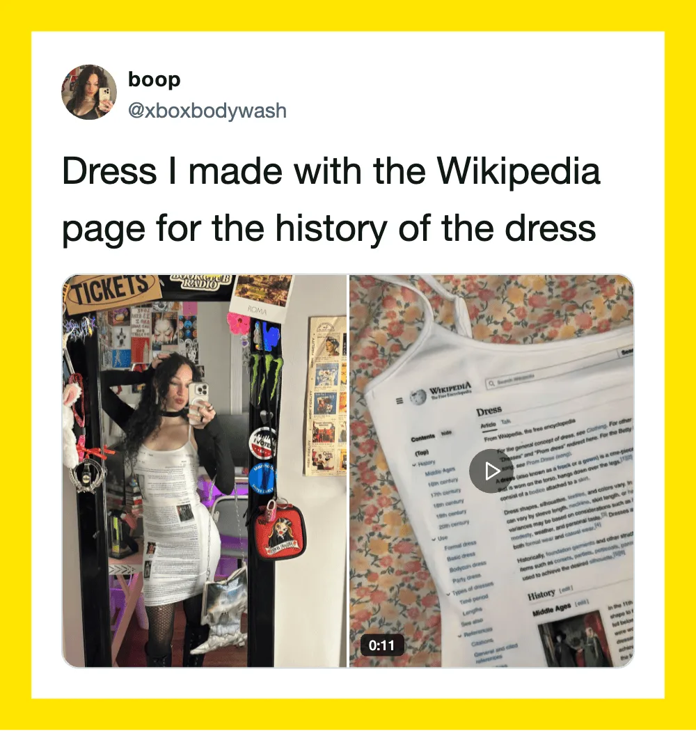 Dress made with Wikipedia page for the history of the dress, shown in a mirror selfie and a printed,.