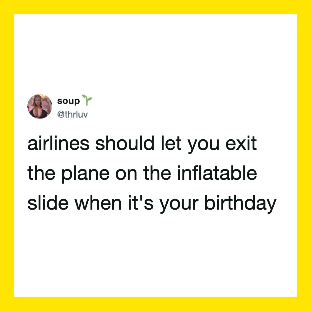 Twitter post by @thrluv about airlines and birthday inflatables.