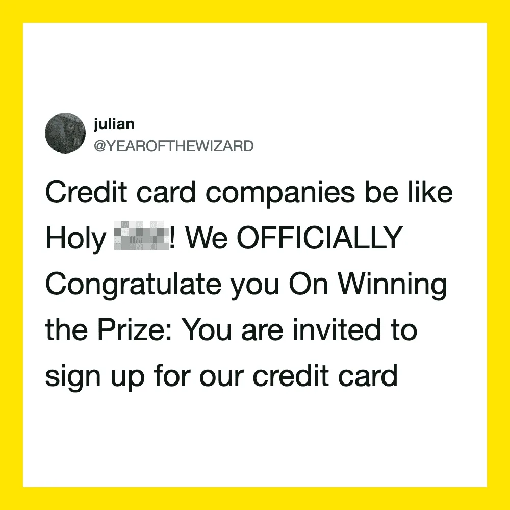 Twitter post by julian about credit card companies congratulating winners.