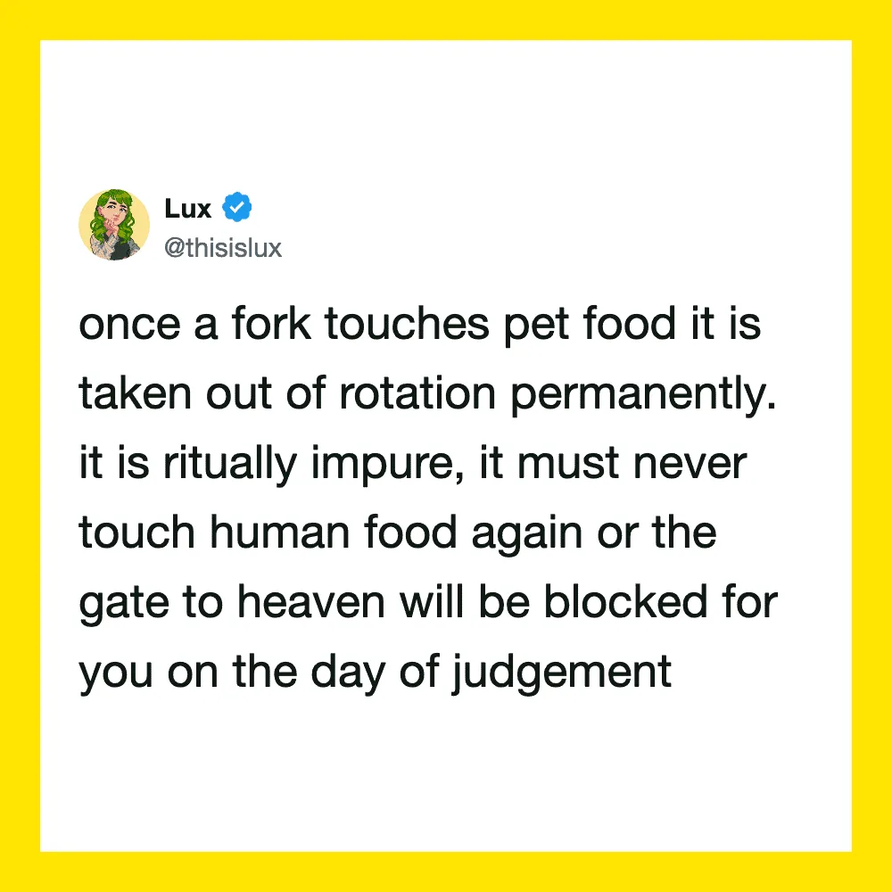 Lux's tweet about pet food and human food, with a yellow border.