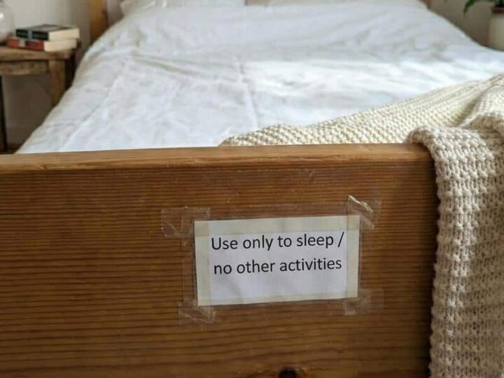 Sign on bed says 'Use only to sleep / no other activities'.