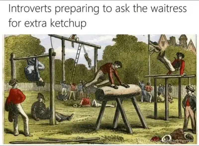 Introverts preparing to ask the waitress for extra ketchup in a park scene.