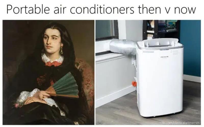 Classical painting of a woman with a fan next to a modern portable air conditioner.