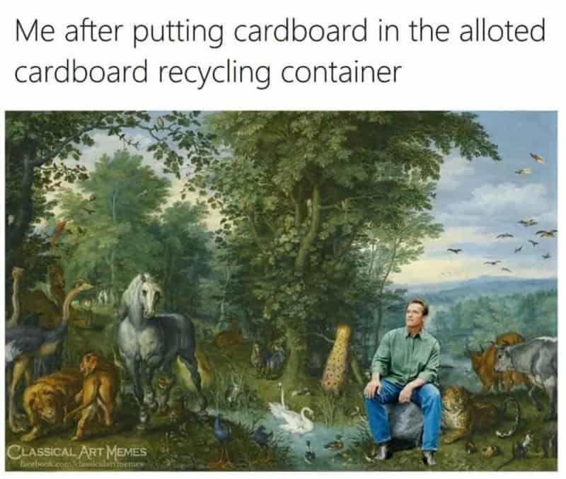 Man sitting in a lush forest with animals, with text about recycling cardboard.