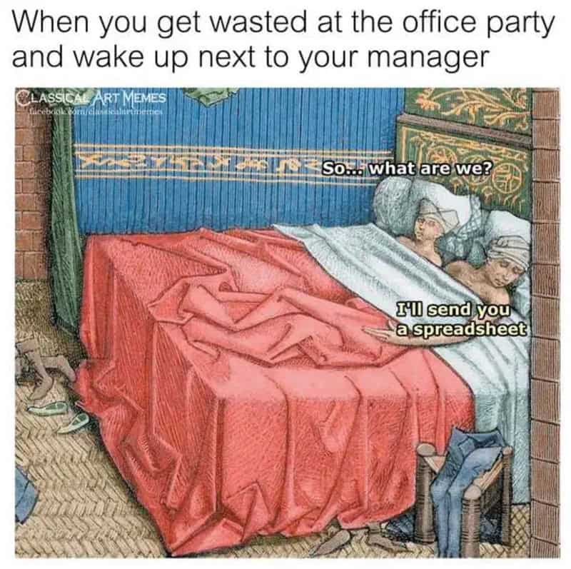 Two people in bed with a humorous caption about waking up next to your boss.