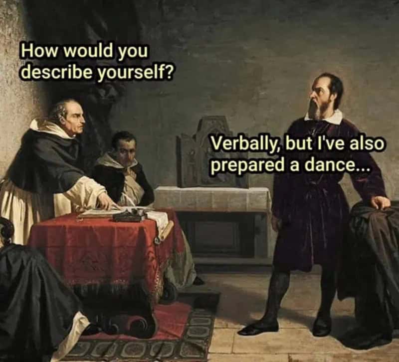 Classical painting with humorous dialogue about describing oneself and preparing a dance.