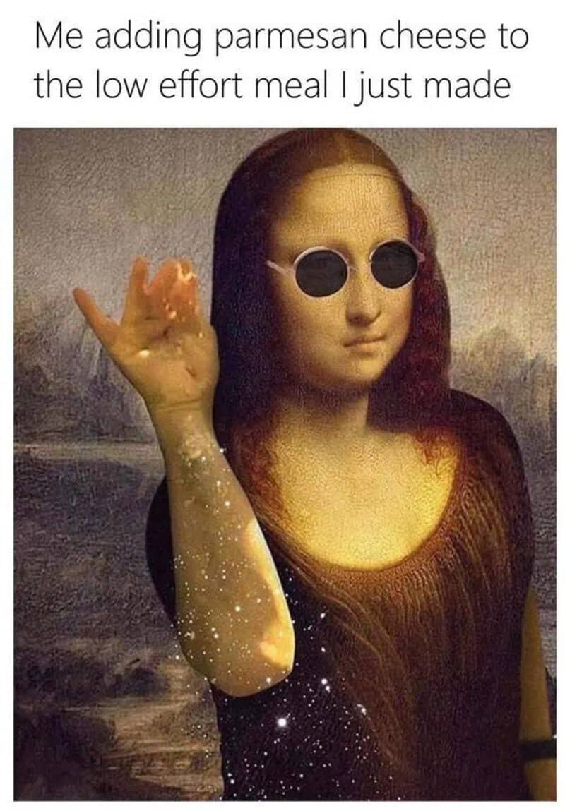 Mona Lisa with sunglasses, adding parmesan cheese to a meal.