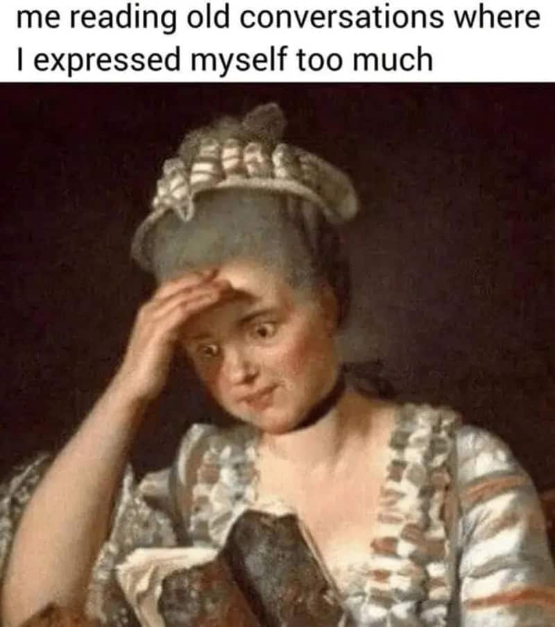 A woman with a distressed expression, holding her forehead, in a historical costume.