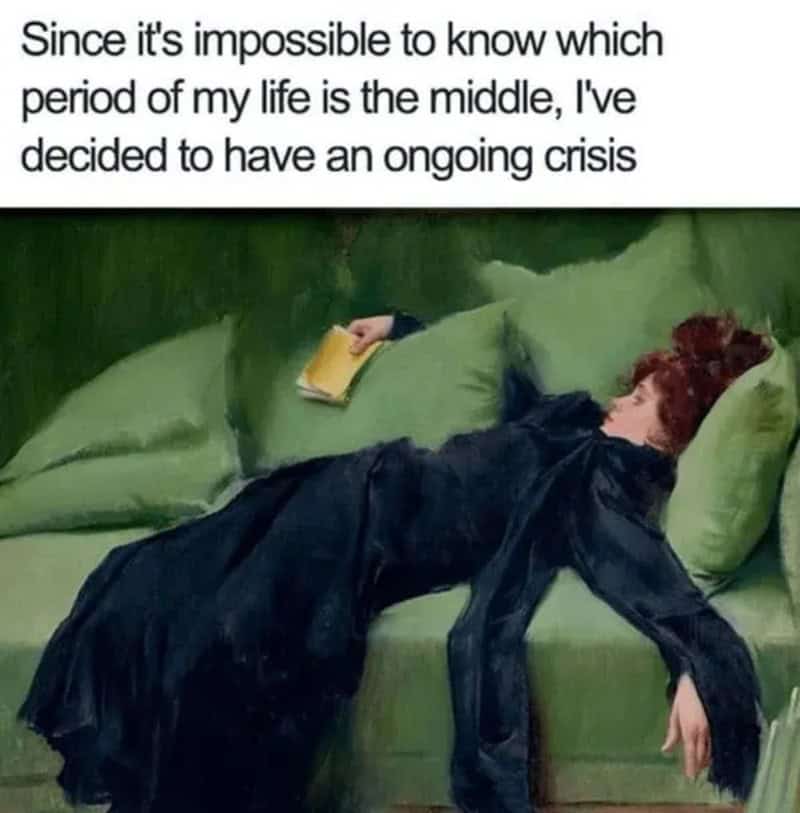 Woman lying on a green sofa with a book, with text about ongoing crisis.