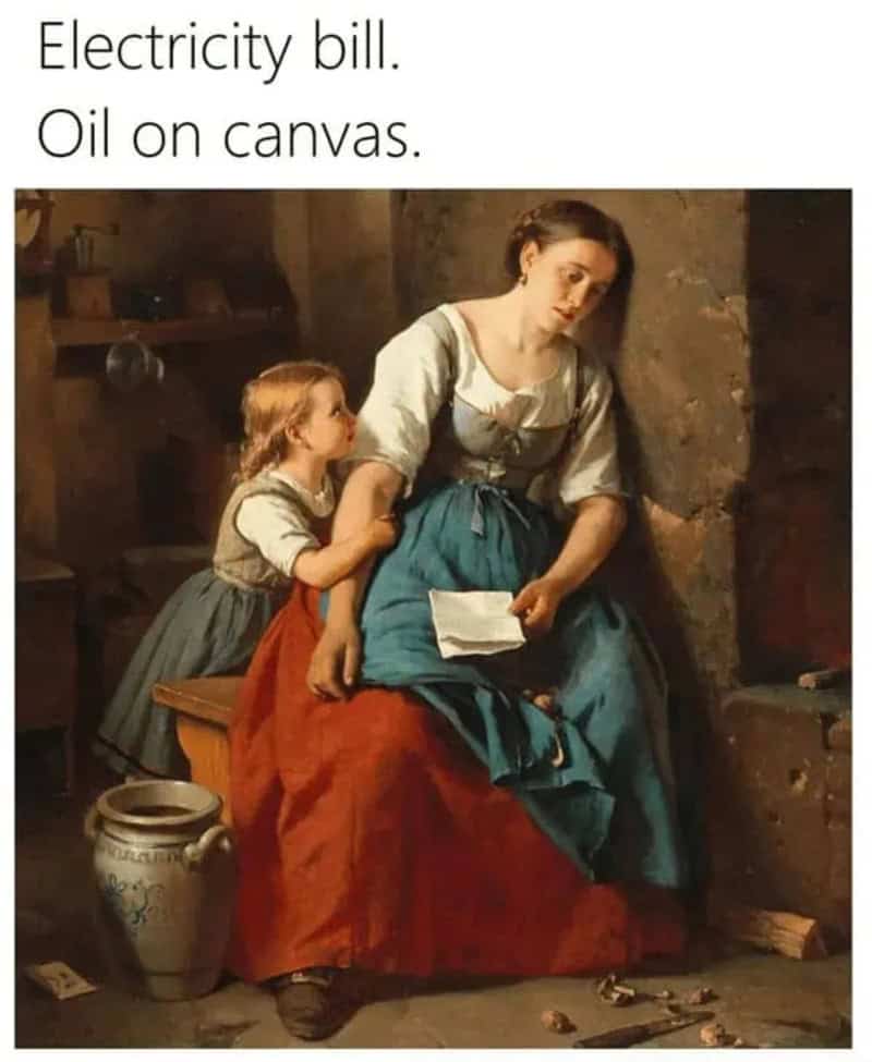 Painting of a woman and girl with text 'Electricity bill. Oil on canvas.'.