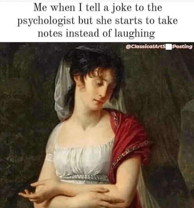 Classical painting of a woman with a red shawl, looking down, with text about telling a joke to a心理学.