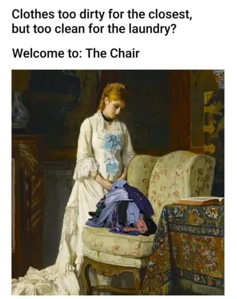 Classical painting of a woman in a white dress with a pile of laundry on a chair.