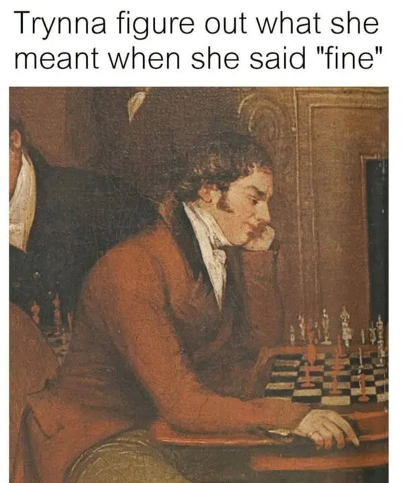 Painting of a man playing chess with text about 'fine' meaning.