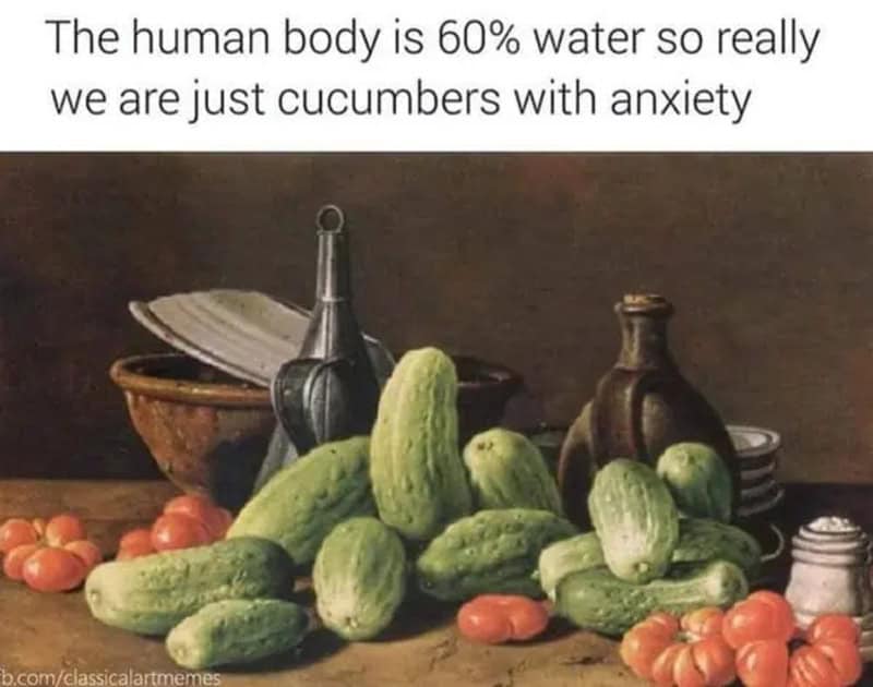 The human body is 60% water so really we are just cucumbers with anxiety.