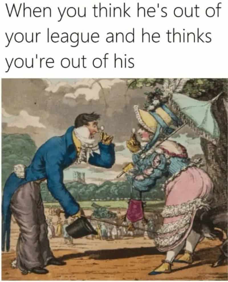 Humorous meme with classical painting of a man and woman arguing.