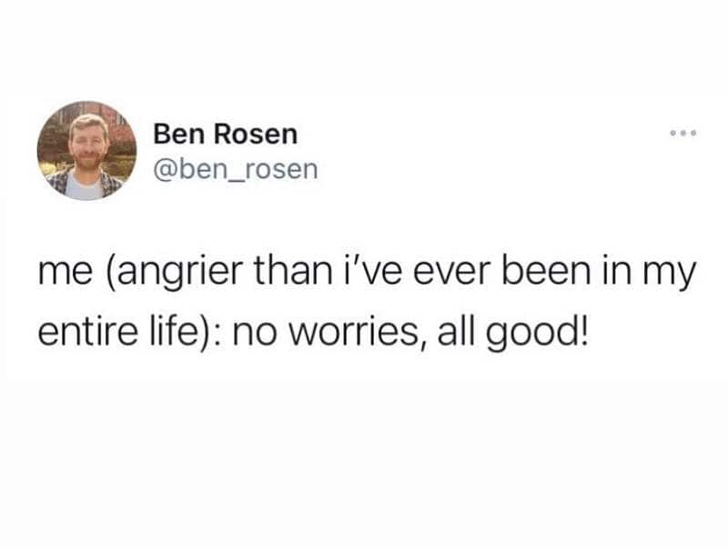 Ben Rosen's tweet: 'me (angrier than I've ever been in my entire life): no worries, all good!'.