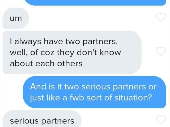 Text conversation about relationship types and cheating, with blue and gray message bubbles.