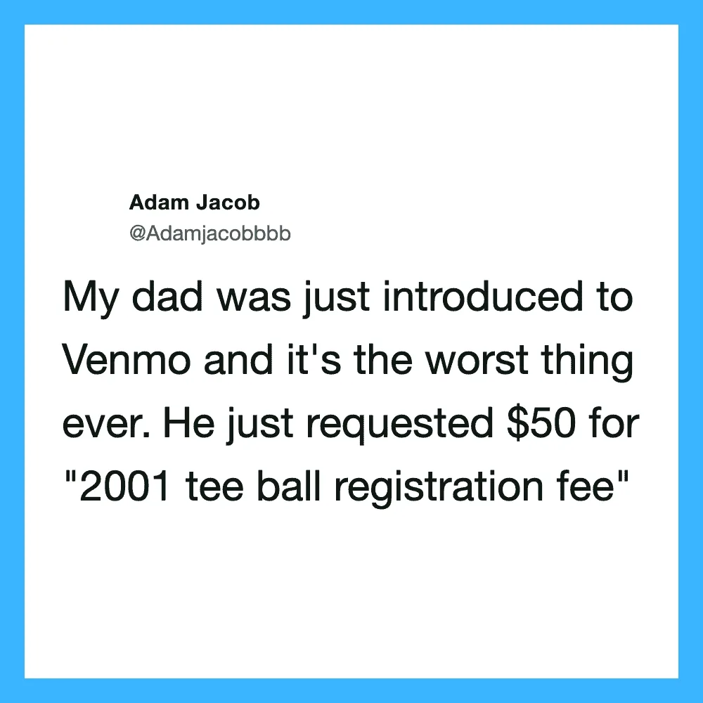 Twitter post by Adam Jacob about his dad and Venmo request for a tee ball fee.